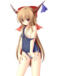 Rule 34 | 1girl, blonde hair, bow, breasts, clothes pull, female focus, hair bow, highres, horns, ibuki suika, long hair, nail polish, nipples, one-piece swimsuit, one-piece swimsuit pull, pulling own clothes, purple eyes, purple nails, pussy, red eyes, school swimsuit, small breasts, solo, swimsuit, touhou, uncensored, yoye (pastel white)