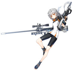 Rule 34 | 1girl, ankle boots, bike shorts, black footwear, black gloves, black jacket, black shorts, boots, breasts, closed mouth, closers, cropped jacket, dual wielding, expressionless, fingerless gloves, floating hair, full body, gloves, grey hair, gun, hand up, highres, holding, holding gun, holding weapon, jacket, jumping, leg up, long hair, looking at viewer, low twintails, no pupils, official art, open clothes, open jacket, orange eyes, puffy short sleeves, puffy sleeves, rifle, shirt, short sleeves, shorts, small breasts, sniper rifle, solo, tachi-e, tina (closers), twintails, weapon, white background, white shirt