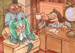 Rule 34 | 1girl, 2boys, closed eyes, coffee mug, crossover, cup, desk, detached sleeves, eric andre, closed eyes, formal, globe, green hair, hannibal buress, hatsune miku, headset, highres, interview, long hair, mug, multiple boys, necktie, open mouth, skirt, suit, sylaride, the eric andre show, thighhighs, twintails, u u, very long hair, vocaloid