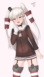 Rule 34 | 1girl, absurdres, amatsukaze (kancolle), brown dress, cowboy shot, dated, dress, facing viewer, garter straps, gloves, grey background, grey neckerchief, hair tubes, hat, highres, kantai collection, lifebuoy, long hair, maru (marg0613), mini hat, neckerchief, red thighhighs, sailor collar, sailor dress, short dress, silver hair, simple background, single glove, smokestack hair ornament, solo, standing, striped clothes, striped thighhighs, swim ring, thighhighs, twitter username, two side up, white gloves, white sailor collar