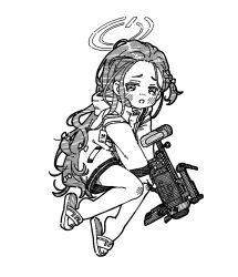 Rule 34 | 1girl, :o, bare legs, blue archive, blush, bow, braid, coat, commentary, full body, ganbarutoufu, grenade launcher, gun, hair bow, halo, hatching (texture), highres, holding, holding gun, holding weapon, linear hatching, long hair, long sleeves, looking at viewer, m320, messy hair, midair, monochrome, no pants, sandals, solo, weapon, white background, yuzu (blue archive)