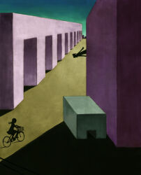 Rule 34 | 2girls, abstract, artist request, bicycle, blocks, cube, fine art parody, giorgio de chirico, madotsuki, melancholy and mystery of a street, multiple girls, parody, poniko, shadow, yume nikki