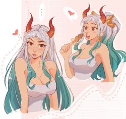 Rule 34 | 1girl, aqua hair, camisole, commentary, earrings, eating, food, hair ornament, heart, highres, horns, jewelry, long hair, looking at viewer, multicolored hair, multiple views, oden, one piece, ponytail, red horns, shmalloe, sidelocks, solo, symbol-only commentary, white camisole, white hair, yamato (one piece)
