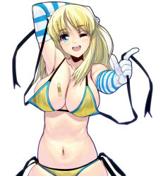 Rule 34 | 1girl, arms up, bandaid, bikini, blonde hair, blue eyes, blush, breasts, cleavage, elbow gloves, gloves, holding, kouno (masao), large breasts, long hair, navel, one eye closed, open mouth, original, pointing, pointing at viewer, side-tie bikini bottom, sideboob, simple background, smile, solo, striped clothes, striped gloves, swimsuit, undressing, untied, white background, wink, yellow bikini