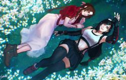 Rule 34 | 2girls, absurdres, aerith gainsborough, arm guards, bad id, bad twitter id, black hair, boots, braid, braided ponytail, dress, drill hair, final fantasy, final fantasy vii, final fantasy vii remake, flower, grass, green eyes, highres, jacket, looking at another, lying, miniskirt, multiple girls, outstretched arm, pink dress, red eyes, red jacket, sethkiel, skirt, smile, square enix, suspenders, tifa lockhart, twin drills
