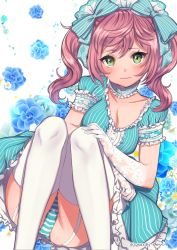 Rule 34 | 1girl, absurdres, blue bow, blue dress, bow, breasts, center frills, choker, cleavage, closed mouth, collarbone, dress, elbow gloves, frilled choker, frilled dress, frilled sleeves, frills, garter straps, gloves, green eyes, hair between eyes, hair bow, hand on own knee, highres, long hair, maid headdress, medium breasts, original, panties, pantyshot, pink hair, puchiman, see-through gloves, short sleeves, sitting, solo, striped bow, striped choker, striped clothes, striped dress, striped panties, thighhighs, twintails, twitter username, underwear, vertical-striped clothes, vertical-striped dress, white thighhighs