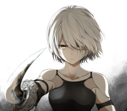 Rule 34 | 1girl, absurdres, android, armlet, bare shoulders, black gloves, closed mouth, commentary request, elbow gloves, gloves, hair between eyes, hair over one eye, highres, holding, holding sword, holding weapon, joints, looking at viewer, nier:automata, nier (series), pointing sword, robot joints, shimoda masaya, short hair, silver hair, solo, sword, tank top, weapon, white background, yellow eyes, a2 (nier:automata)