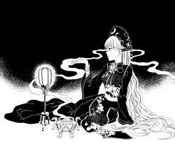 Rule 34 | 1girl, bracelet, breasts, chrysanthemum print, dress, expressionless, floral print, flower, greyscale, hand up, hat, jewelry, junko (touhou), kyuu umi, lantern, light, long hair, long sleeves, looking afar, looking to the side, monochrome, obi, parted lips, pointy nose, ribbon, sash, sitting, smoke, solo, spider lily, spider lily print, tabard, touhou, very long hair, wide sleeves, yokozuwari