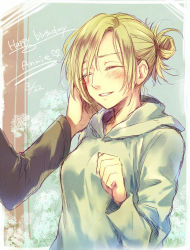Rule 34 | 1girl, ^ ^, annie leonhart, bad id, bad pixiv id, blonde hair, blush, character name, closed eyes, dated, closed eyes, grin, hand on another&#039;s face, happy birthday, heart, hood, hoodie, kino25 n, long sleeves, ponytail, shingeki no kyojin, smile, solo focus
