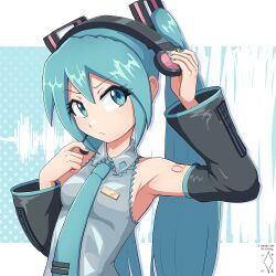 Rule 34 | 1girl, aqua eyes, aqua hair, aqua nails, aqua necktie, arm up, armpits, artist logo, artist name, black sleeves, breasts, closed mouth, commentary, detached sleeves, digiral, english commentary, grey shirt, hair ornament, hand up, hatsune miku, headphones, headset, highres, long hair, long sleeves, looking at viewer, microphone, nail polish, necktie, number tattoo, raised eyebrow, shirt, shoulder tattoo, sidelocks, simple background, sleeveless, sleeveless shirt, small breasts, solo, tattoo, twintails, upper body, very long hair, vocaloid, white background, wide sleeves