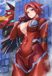 Rule 34 | 1girl, arm behind back, black jacket, blue eyes, blue sky, bodysuit, breasts, cleavage, code geass, commentary request, covered navel, from below, headband, highres, hikari (komitiookami), jacket, kouzuki kallen, knights of the round uniform, large breasts, looking at viewer, mecha, pilot suit, red bodysuit, red hair, robot, shiny clothes, short hair, sky, solo, standing