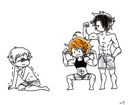 Rule 34 | 1girl, 2boys, abs, antenna hair, biceps, black hair, emma (yakusoku no neverland), flexing, highres, multiple boys, muscle envy, muscular, muscular female, norman (yakusoku no neverland), nufisu, orange hair, ray (yakusoku no neverland), shirt, short hair, simple background, smile, sports bra, squatting, white hair, white shirt, yakusoku no neverland