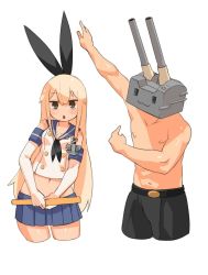 Rule 34 | 1boy, 1girl, arm up, bare shoulders, belt, black bow, black eyes, black neckerchief, black pants, blonde hair, blue sailor collar, blue skirt, blush, bow, cannon, chestnut mouth, commentary request, cowboy shot, cropped legs, elbow gloves, gloves, hair bow, hairband, harau, highres, holding, humanization, kantai collection, leaning to the side, long hair, looking at viewer, midriff, navel, neckerchief, pants, parted lips, pleated skirt, rensouhou-chan, sailor collar, school uniform, serafuku, shimakaze (kancolle), shirt, simple background, skirt, sleeveless, sleeveless shirt, topless male, very long hair, white background, white gloves, white shirt