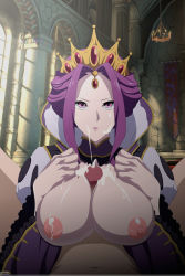 Rule 34 | 1girl, blush, breasts, chalice, cleavage, cum, cup, earrings, gloves, highres, jewelry, large breasts, mature female, mirelia q melromarc, nipples, penis, purple hair, queen, red eyes, red hair, see-through, tate no yuusha no nariagari, thighhighs