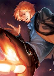 Rule 34 | 1boy, black eyes, black necktie, blonde hair, blue shirt, chain, chain belt, cigarette, commentary, curly eyebrows, english commentary, facial hair, fire, formal, goatee, hair over one eye, male focus, mouth hold, necktie, one eye covered, one piece, open clothes, open mouth, sanji (one piece), shirt, short hair, skfnvk12, smile, smoke, solo, suit