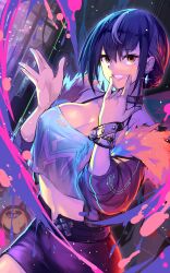 Rule 34 | 1girl, bare shoulders, blue hair, breasts, brown eyes, camisole, character request, choker, cleavage, copyright request, cowboy shot, crop top, earrings, fur-trimmed jacket, fur trim, grin, hands up, highres, huixiongmao, jacket, jewelry, large breasts, looking at viewer, midriff, navel, off shoulder, open clothes, open jacket, short hair, smile, solo, spaghetti strap, standing, stomach