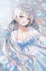 Rule 34 | 1girl, blue bow, blue dress, blue eyes, blush, bow, breasts, bubble, cardigan, cleavage, collarbone, dress, grey hair, hair bow, highres, long hair, looking at viewer, open cardigan, open clothes, open mouth, original, see-through, see-through sleeves, sidelocks, small breasts, soap bubbles, solo, very long hair, weri, wet, white cardigan