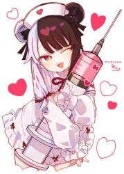 Rule 34 | 1girl, ;d, absurdres, black bow, blush, bow, brown hair, commentary request, cropped legs, double bun, dress, hair bow, hair bun, hat, highres, hugging object, large syringe, long sleeves, multicolored hair, nijisanji, nurse, nurse cap, one eye closed, open mouth, oversized object, puffy long sleeves, puffy sleeves, purple hair, red eyes, silver hair, simple background, sleeves past wrists, smile, sofra, solo, split-color hair, star (symbol), starry background, streaked hair, syringe, teeth, two-tone hair, upper teeth only, virtual youtuber, white background, white dress, yorumi rena, yorumi rena (5th costume)