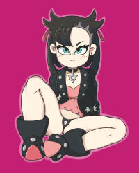 Rule 34 | 1girl, absurdres, asymmetrical hair, black hair, black panties, blush, boots, choker, closed mouth, creatures (company), dress, full body, game freak, green eyes, highres, jacket, leather, leather jacket, legs, long hair, looking at viewer, lotikmac, marnie (pokemon), nintendo, panties, pink background, pink dress, pokemon, pokemon swsh, short hair, simple background, sitting, solo, spread legs, underwear