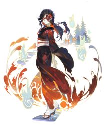 Rule 34 | 1girl, absurdres, black hair, black kimono, closed mouth, colored inner hair, commentary, fire, flower, flower eyepatch, forest, full body, genshin impact, geta, hanyuuda chizuru, highres, hitodama, japanese clothes, kimono, long hair, long sleeves, looking at viewer, multicolored hair, nature, nnikko, obi, obiage, obijime, pale skin, red eyes, red flower, red hair, sash, solo, tabi, torii, white sash, wide sleeves