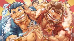 Rule 34 | anger vein, bangle, bara, beard, blue eyes, blue hair, blue jacket, bombom, bracelet, brown hair, chest hair, closed eyes, commentary request, facial hair, fins, fire, fish boy, hairy, hand on another&#039;s head, holding hands, jacket, jewelry, jinn (housamo), large pectorals, mature male, mononobe kyoma, multicolored hair, muscular, muscular male, necklace, nipples, official art, oil lamp, okusu (oaks16), one eye closed, open clothes, open jacket, open mouth, partial commentary, pectorals, red eyes, red jacket, sharp teeth, shell, shell necklace, simple background, smile, steam, streaked hair, stubble, teeth, third-party source, tokyo houkago summoners, track jacket, triton (housamo), unibrow, veins, water, white hair