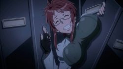Rule 34 | 1girl, animated, animated gif, breasts, clenched teeth, closed eyes, female focus, fingerless gloves, glasses, gloves, large breasts, red hair, solo, struggling, suzue konomi, teeth, trapped, triage x