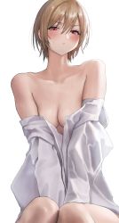 Rule 34 | 1girl, absurdres, blonde hair, blush, breasts, cleavage, clothes pull, collarbone, highres, idolmaster, idolmaster shiny colors, knees together feet apart, looking at viewer, naked shirt, out type (outtypeex), red eyes, saijo juri, shirt, shirt pull, short hair, simple background, small breasts, solo, sweatdrop, white background, white shirt