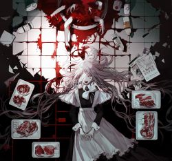 Rule 34 | 1girl, :d, ahoge, apron, basin, black dress, body parts, bottle, bow, bowtie, copyright request, dress, grey eyes, guro, hair over one eye, hair spread out, highres, implied cannibalism, long hair, long sleeves, looking at viewer, mo (mocopo), one eye covered, open mouth, pink hair, smile, solo, undone bowtie, very long hair, white bow, white bowtie