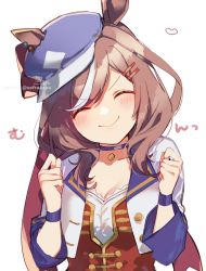 Rule 34 | &gt;:), 1girl, ^ ^, animal ears, blue choker, blue hat, blush, brown hair, cabbie hat, choker, closed eyes, closed mouth, collarbone, commentary request, ears through headwear, facing viewer, hair ornament, hairclip, hat, head tilt, heart, highres, horse ears, jacket, long hair, matikane tannhauser (umamusume), multicolored hair, open clothes, open jacket, signature, simple background, smile, sofra, solo, starting future (umamusume), streaked hair, tilted headwear, translation request, twitter username, umamusume, upper body, v-shaped eyebrows, white background, white hair, white jacket