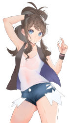 Rule 34 | 1girl, absurdres, armpits, ass, bad id, bad pixiv id, blue eyes, breasts, brown hair, cleavage, creatures (company), denim, denim shorts, game freak, highres, hilda (pokemon), nintendo, okuro zmzm, open clothes, open vest, pokemon, pokemon bw, see-through, shirt, shorts, simple background, sweat, thighs, tying hair, vest, wet, wet clothes, white background, white shirt