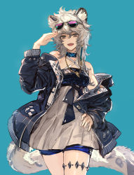 Rule 34 | 1girl, :d, animal ears, arknights, bare shoulders, blue background, breasts, cat ears, cat tail, cliffheart (arknights), eyewear on head, fangs, grey eyes, grey hair, hair ornament, head tilt, infection monitor (arknights), jacket, jewelry, long hair, looking at viewer, medium breasts, necklace, off shoulder, official alternate costume, open mouth, ryuuzaki ichi, shorts, simple background, smile, solo, standing, sunglasses, tail, teeth