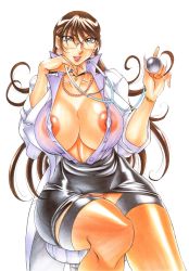Rule 34 | azuki kurenai, breasts, doctor, fingernails, glasses, highres, huge breasts, long fingernails, long hair, nipple slip, nipples, panties, skirt, thong, underwear
