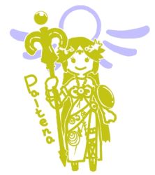 Rule 34 | 1girl, bare shoulders, belt, breasts, chibi, choker, dress, jewelry, kid icarus, kid icarus uprising, long hair, looking at viewer, lowres, monochrome, necklace, nintendo, o-y, palutena, parted bangs, pendant, shield, side slit, single thighhigh, smile, solo, staff, strapless, strapless dress, swept bangs, thighhighs, tiara, very long hair, yellow theme