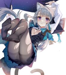 Rule 34 | 1girl, animal ear fluff, animal ears, black pantyhose, black tail, blush, bow, breasts, cat ears, cat tail, closed mouth, feet, genshin impact, grey hair, highres, hip vent, holding, knees up, legs, leotard, long sleeves, looking at viewer, lynette (genshin impact), medium breasts, no shoes, pantyhose, purple eyes, samele otaku, skirt, soles, solo, star (symbol), tail, thighs, toes, torn clothes, torn pantyhose