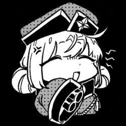 1girl ahoge aliasing anger_vein annoyed araga_kiwi black_background chibi closed_eyes cropped_torso double_barrels double_bun flat_chest greyscale guagua977 gun hair_between_eyes hair_bun hashtag-only_commentary hat highres holding holding_gun holding_weapon jacket jpeg_artifacts laughing leoparde_(mahou_shoujo_ni_akogarete) mahou_shoujo_ni_akogarete military_hat military_jacket monochrome open_mouth resized simple_background smile solo upscaled weapon