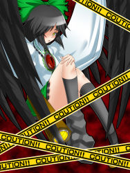 Rule 34 | 1girl, arm cannon, asymmetrical clothes, asymmetrical footwear, black hair, bow, cape, caution tape, english text, engrish text, female focus, hair bow, hair over one eye, mismatched footwear, ranchuu, ranchuu (akamusume), ranguage, reiuji utsuho, solo, touhou, typo, weapon, wings, yellow eyes