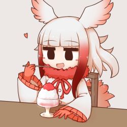 Rule 34 | 1girl, aticotta, black eyes, blunt bangs, blush, chair, food, gloves, gradient hair, head wings, heart, holding, holding spoon, japanese crested ibis (kemono friends), kemono friends, long sleeves, looking away, medium hair, multicolored hair, open mouth, red gloves, red hair, shaved ice, sidelocks, smile, solo, spoon, table, white hair, wings