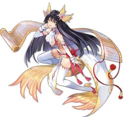 Rule 34 | 1girl, :d, ark order, artist request, bare shoulders, black hair, bow, breasts, claw (weapon), detached sleeves, dress, full body, hair ornament, head wings, large breasts, long hair, long sleeves, looking at viewer, official art, open mouth, pelvic curtain, red bow, scroll, shoes, side slit, sideboob, sidelocks, sleeve cuffs, smile, solo, tachi-e, thighhighs, transparent background, v-shaped eyebrows, variant set, very long hair, waist bow, weapon, white dress, white thighhighs, wings, xuannu (ark order), yellow eyes, yin yang