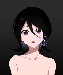Rule 34 | 1girl, absurdres, bare shoulders, black background, black hair, bleach, close-up, collarbone, don&#039;t say &quot;lazy&quot;, double-parted bangs, gwao ( ul 13), hair between eyes, highres, k-on!, kuchiki rukia, looking at viewer, medium hair, music, musical note, open mouth, parody, purple eyes, simple background, singing, solo, sparkle, style parody, tsurime