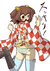 Rule 34 | 1girl, apron, ass, bell, black eyes, blush stickers, brown hair, glasses, green panties, hair bell, hair ornament, motoori kosuzu, no pants, panties, short hair, solo, striped clothes, striped panties, thighhighs, touhou, twintails, two side up, underwear, zannen na hito