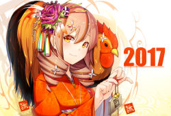 Rule 34 | 2017, animal, artist name, bell, bird, chicken, chinese zodiac, commentary request, drill hair, ema, flower, hair between eyes, hair flower, hair ornament, hairclip, holding, japanese clothes, jingle bell, kanzashi, kimono, light brown hair, looking at viewer, meth (emethmeth), nengajou, new year, obi, orange eyes, orange kimono, original, purple hair, revision, rooster, sash, signature, smile, upper body, white flower, year of the rooster