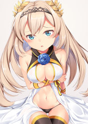 Rule 34 | 1girl, arm under breasts, azur lane, bare shoulders, black panties, black thighhighs, blonde hair, blue eyes, blue flower, blue rose, blush, breasts, center opening, chain, cleavage, collarbone, commentary request, cosplay, cowboy shot, dress, flower, from above, gold chain, gold trim, groin, hair between eyes, hairband, halterneck, highres, historical name connection, kantai collection, large breasts, laurel crown, long hair, looking at viewer, name connection, navel, open mouth, panties, ribbon, rose, sidelocks, simple background, sitting, sleeveless, sleeveless dress, solo, stomach, thigh gap, thighhighs, underwear, victorious (azur lane), victorious (azur lane) (cosplay), victorious (kancolle), white background, white dress, wrist ribbon, yasume yukito