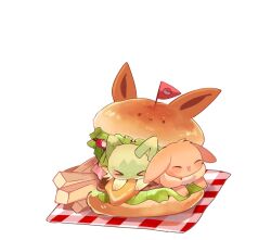 &gt;_&lt; animal_focus bacon burger cheese creatures_(company) eevee food food_focus french_fries game_freak gen_1_pokemon highres in_food lettuce meat nintendo no_humans open_mouth poke_ball_symbol pokemon pokemon_(creature) simple_background sprigatito tomato white_background yupo_0322