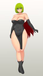 Rule 34 | 1girl, absurdres, black dress, black gloves, breasts, cleavage, closed mouth, commission, covered navel, dress, elbow gloves, full body, gloves, green hair, groin, highres, johnny (seek as 1990sp), large breasts, lavarre, looking at viewer, short hair, simple background, skeb commission, smile, solo, star ocean, star ocean the second story, thighs, white background