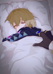 Rule 34 | 1boy, aged down, aventurine (honkai: star rail), bed, bed sheet, black gloves, blonde hair, closed eyes, closed mouth, gloves, hair between eyes, highres, honkai: star rail, honkai (series), hood, hoodie, jewelry, long sleeves, male focus, on bed, out of frame, pillow, ring, short hair, suisotoissyo