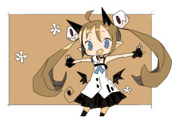 Rule 34 | 1girl, :d, @ @, ahoge, animal ears, armpits, bare arms, bare shoulders, black choker, black gloves, black skirt, black thighhighs, black wings, blue bow, blue eyes, blush stickers, border, bow, brown background, brown hair, cat ears, choker, contrapposto, cowboy shot, demon wings, fang, fingerless gloves, floating hair, flower (symbol), gloves, hair between eyes, hair ornament, happy, long hair, looking at viewer, low wings, mini wings, miniskirt, no nose, open mouth, original, outside border, outstretched arms, pleated skirt, pointy ears, shirt, skirt, skull hair ornament, sleeveless, sleeveless shirt, smile, solo, spread arms, tan background, thighhighs, twintails, very long hair, white border, white shirt, wings, yukihi, zettai ryouiki