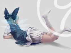 Rule 34 | circled 9, 1girl, bloomers, blue hair, bow, chabi (amedama), cirno, dress, hair bow, ice, ice wings, lying, on stomach, short hair, smile, solo, touhou, underwear, wings