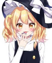 Rule 34 | 1girl, :p, absurdres, alternate hairstyle, artist name, bad id, bad pixiv id, black hat, black vest, blonde hair, blue nails, blush, bow, commentary request, hair ornament, hand up, hat, hat bow, highres, kirisame marisa, long hair, long sleeves, looking at viewer, nail polish, shinonome asu, simple background, solo, star-shaped pupils, star (symbol), star hair ornament, symbol-shaped pupils, tongue, tongue out, touhou, turtleneck, twintails, upper body, vest, white background, white bow, witch hat, yellow eyes