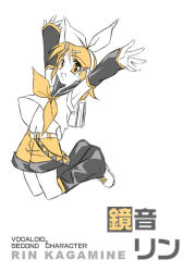 Rule 34 | 1girl, armpits, arms up, belt, blonde hair, bow, detached sleeves, hair ornament, hairclip, headphones, jumping, kagamine rin, outstretched arms, rei (artist), rei (rei&#039;s room), shirt, shoes, short hair, shorts, sleeveless, sleeveless shirt, solo, vocaloid, yellow eyes