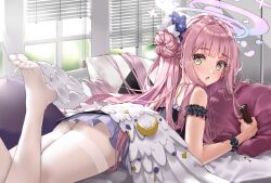 Rule 34 | 1girl, absurdres, blue archive, feet, highres, light blush, long hair, looking at viewer, lying, mika (blue archive), on stomach, pantyhose, parted lips, pink hair, scup, side bun, soles, toes, white pantyhose, wings, yellow eyes